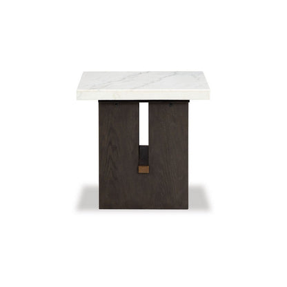 Haus Side End Table, Marble Top, Panel Legs, 26 Inch Brown Solid Wood