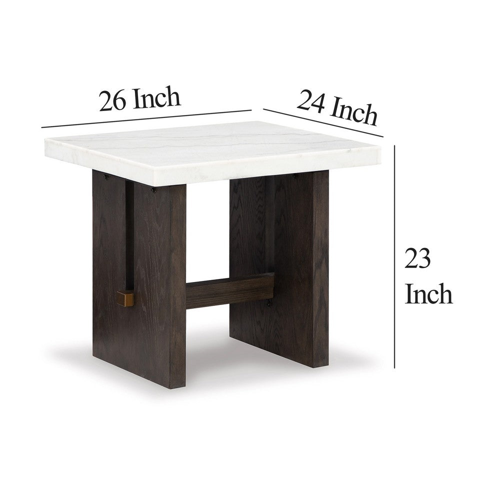 Haus Side End Table, Marble Top, Panel Legs, 26 Inch Brown Solid Wood