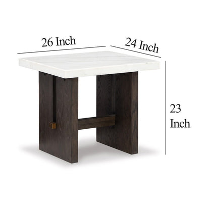 Haus Side End Table, Marble Top, Panel Legs, 26 Inch Brown Solid Wood