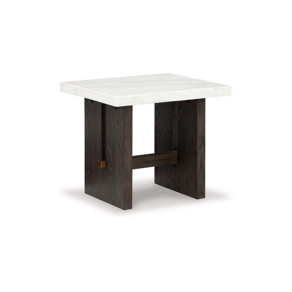 Haus Side End Table, Marble Top, Panel Legs, 26 Inch Brown Solid Wood