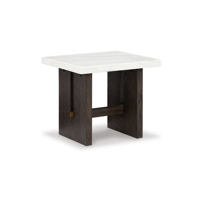 Haus Side End Table, Marble Top, Panel Legs, 26 Inch Brown Solid Wood