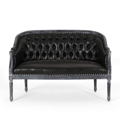 Sofa, 50 Inch, Button Tufted Design, Birch Wood, Black Faux Leather