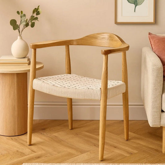 Accent Armchair, White Rope Woven Style Seat, Natural Brown Ash Wood
