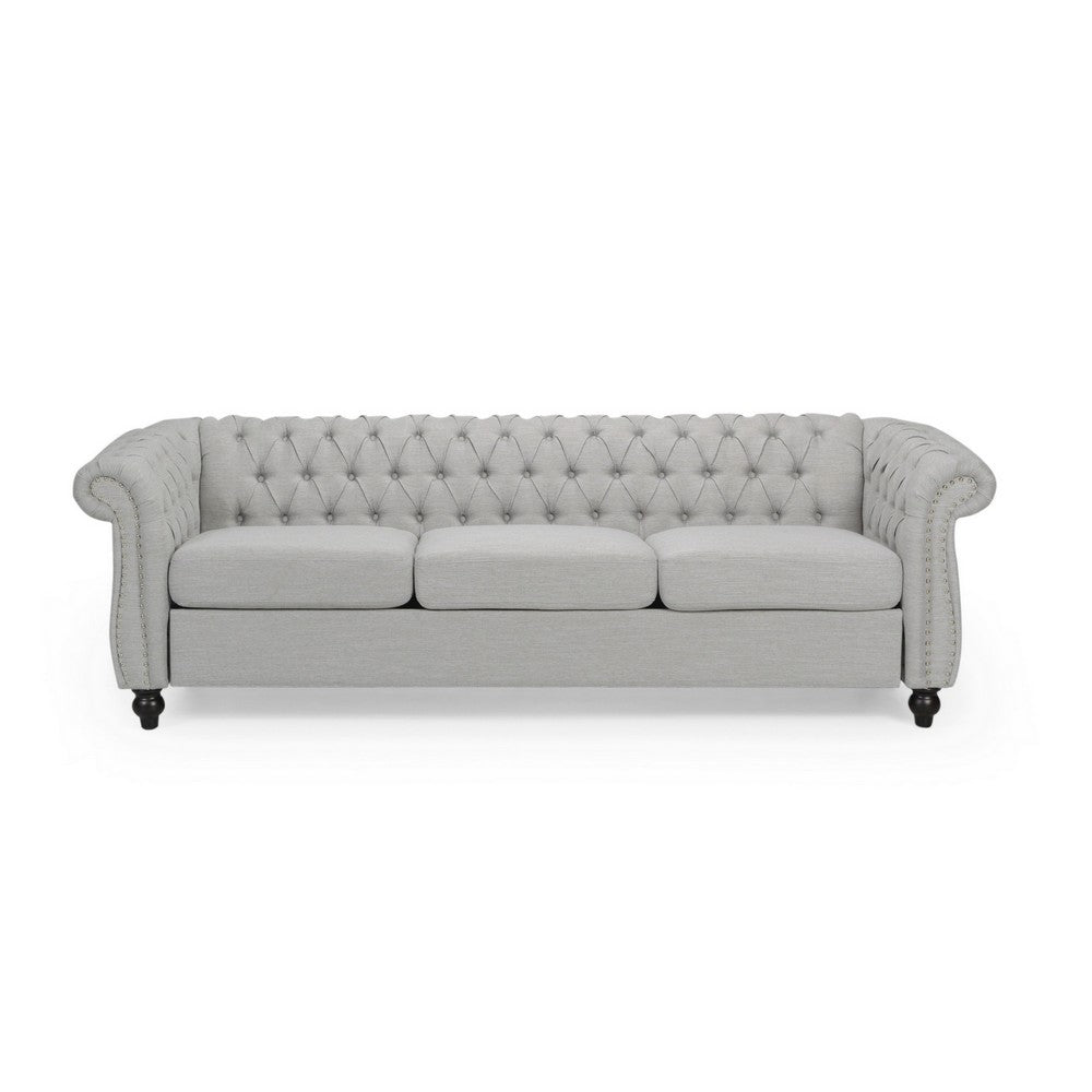 Sofa, 85 Inch Chesterfield Light Gray Button Tufted Fabric Design