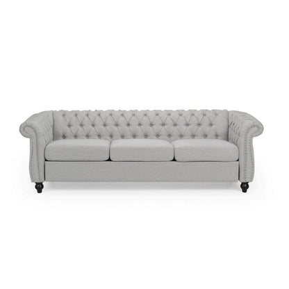 Sofa, 85 Inch Chesterfield Light Gray Button Tufted Fabric Design