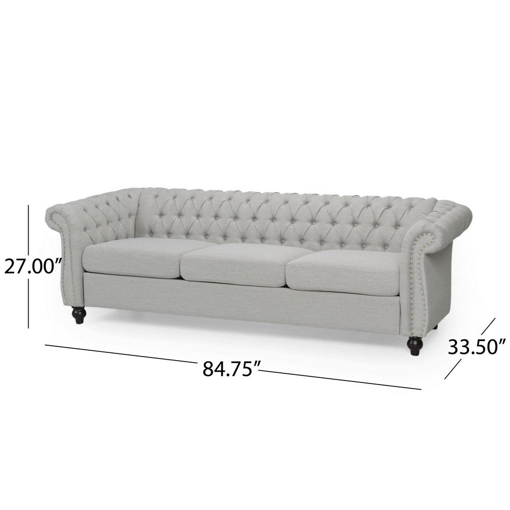 Sofa, 85 Inch Chesterfield Light Gray Button Tufted Fabric Design