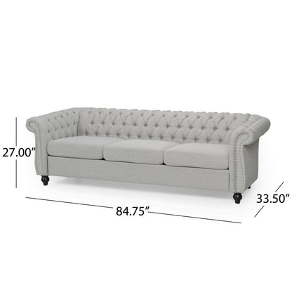 Sofa, 85 Inch Chesterfield Light Gray Button Tufted Fabric Design