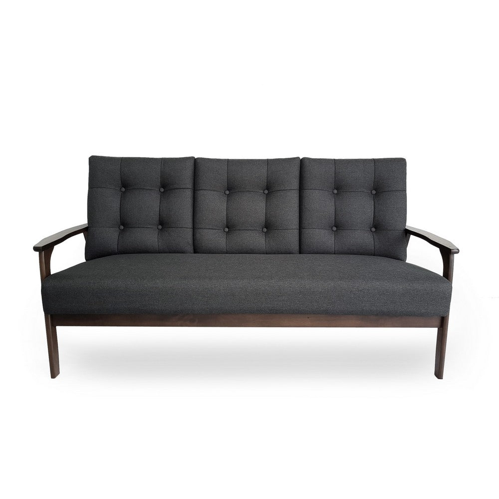 Sofa, 66 Inch, Button Tufted Design Dark Gray Fabric, Birch Wood