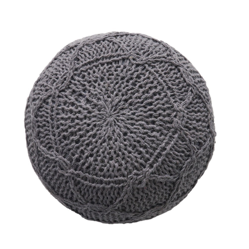 Ottoman Pouf, 20 Inch Round Shape, Knitted Boho Design, Gray Wool