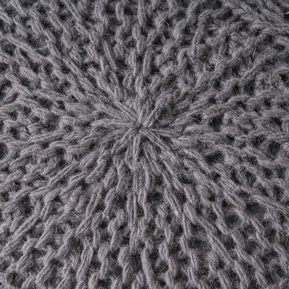 Ottoman Pouf, 20 Inch Round Shape, Knitted Boho Design, Gray Wool