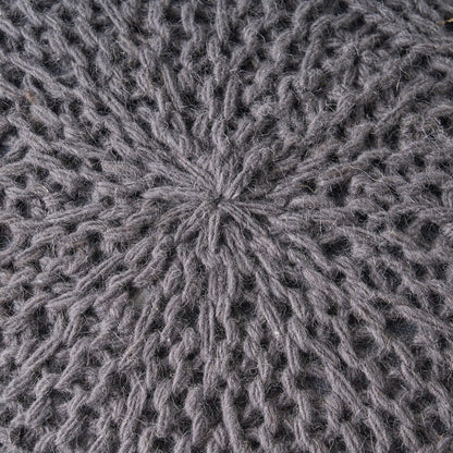 Ottoman Pouf, 20 Inch Round Shape, Knitted Boho Design, Gray Wool