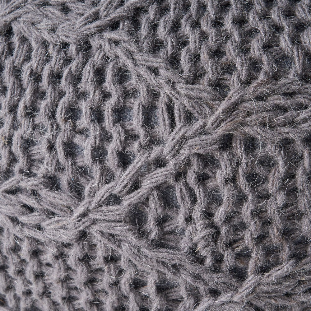 Ottoman Pouf, 20 Inch Round Shape, Knitted Boho Design, Gray Wool