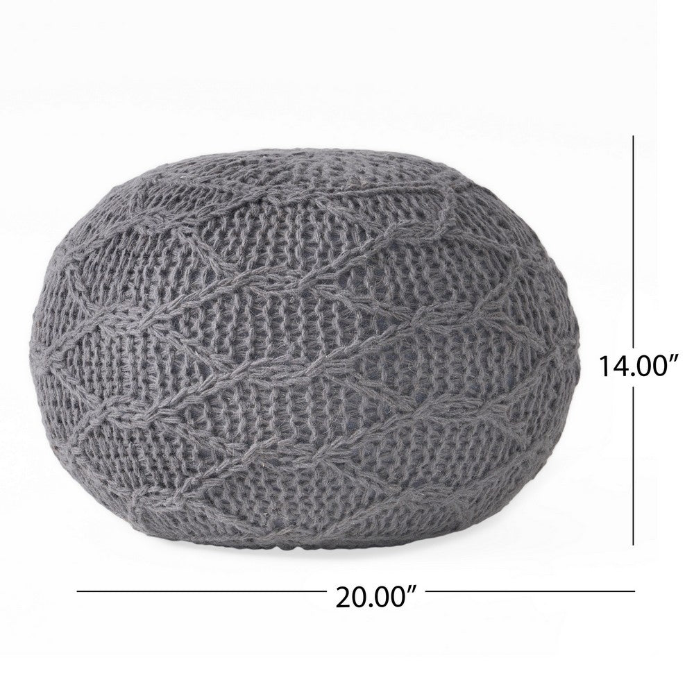 Ottoman Pouf, 20 Inch Round Shape, Knitted Boho Design, Gray Wool