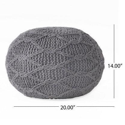 Ottoman Pouf, 20 Inch Round Shape, Knitted Boho Design, Gray Wool