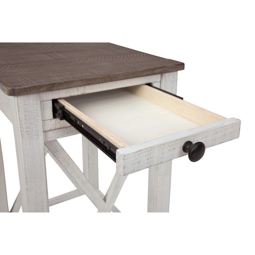 Accent Table, 1 Drawer and Shelf, USB Ports, 25 Inch White Solid Wood