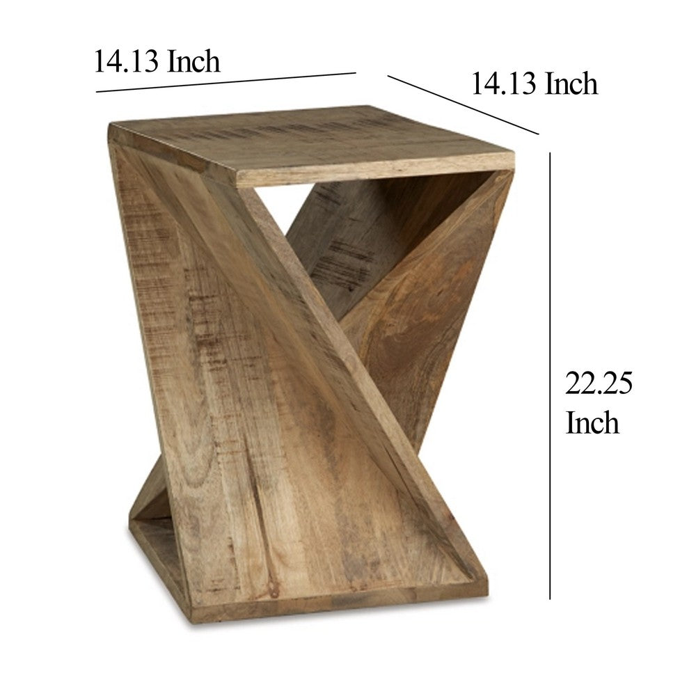 Axoi Accent Side End Table, Solid Wood Twist, 14 Inch Distressed Brown