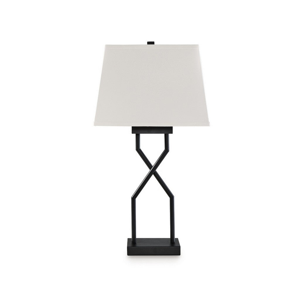 Table Lamp Set of 2, Empire Fabric Shade, Black Geometric Base w USB