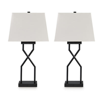 Table Lamp Set of 2, Empire Fabric Shade, Black Geometric Base w USB
