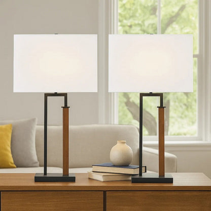 Table Lamp Set of 2, Curved Wired Bronze Base, White Fabric Shade