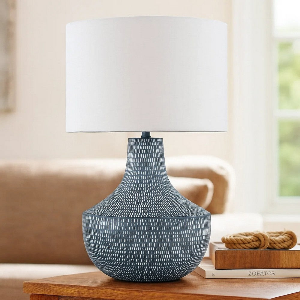 Lym Table Lamp, Gray Hammered Metal Base, White Fabric Shade 28 Inch