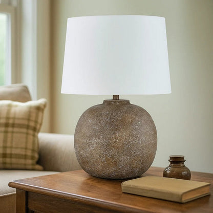Vesy Table Lamp, Brown Abstract Impressions, 25 Inch Round Metal Base