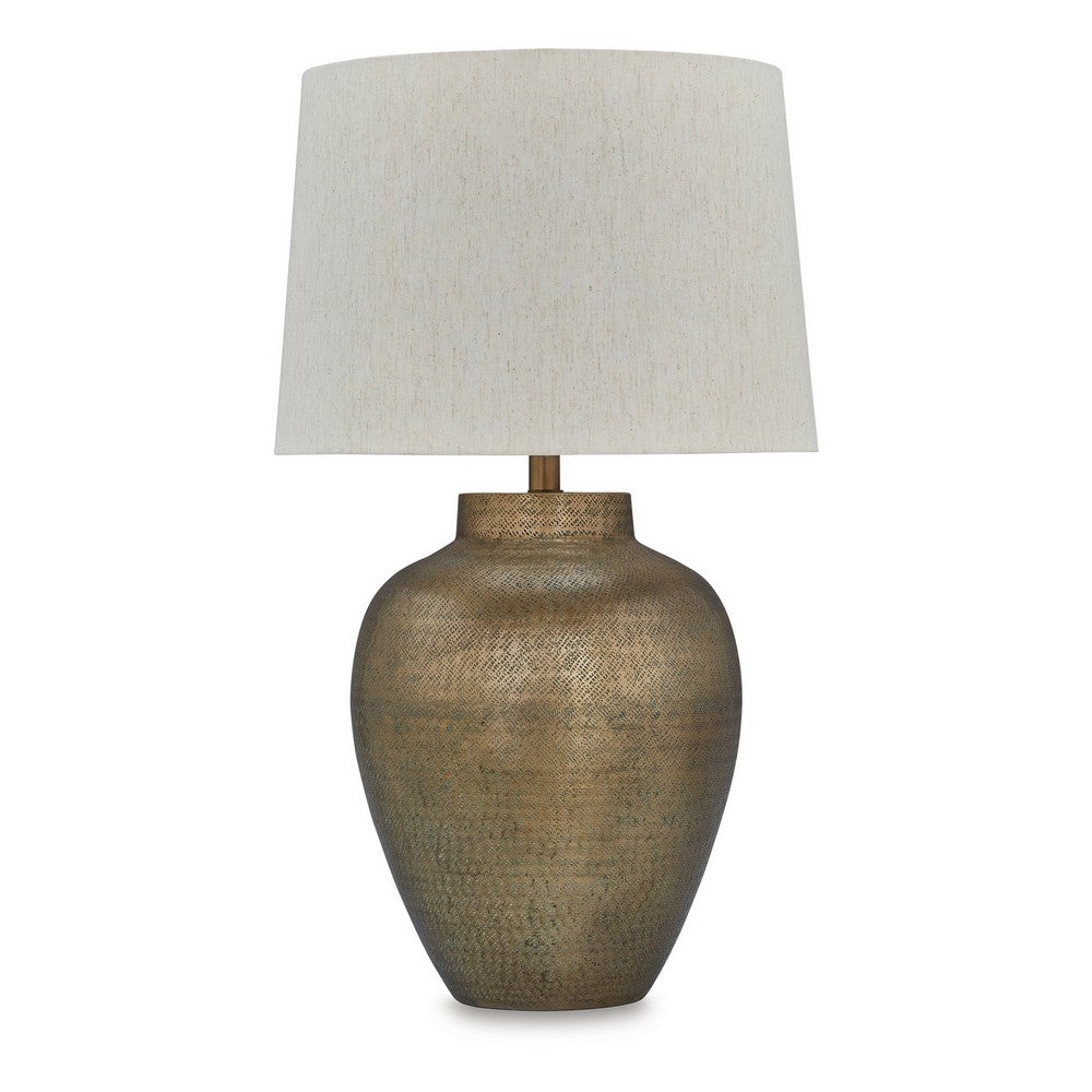 Table Lamp, Metal Hammered Pot Base, White Fabric Drum Shade 29 Inch