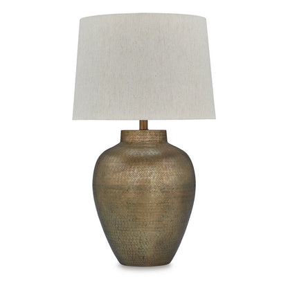Table Lamp, Metal Hammered Pot Base, White Fabric Drum Shade 29 Inch