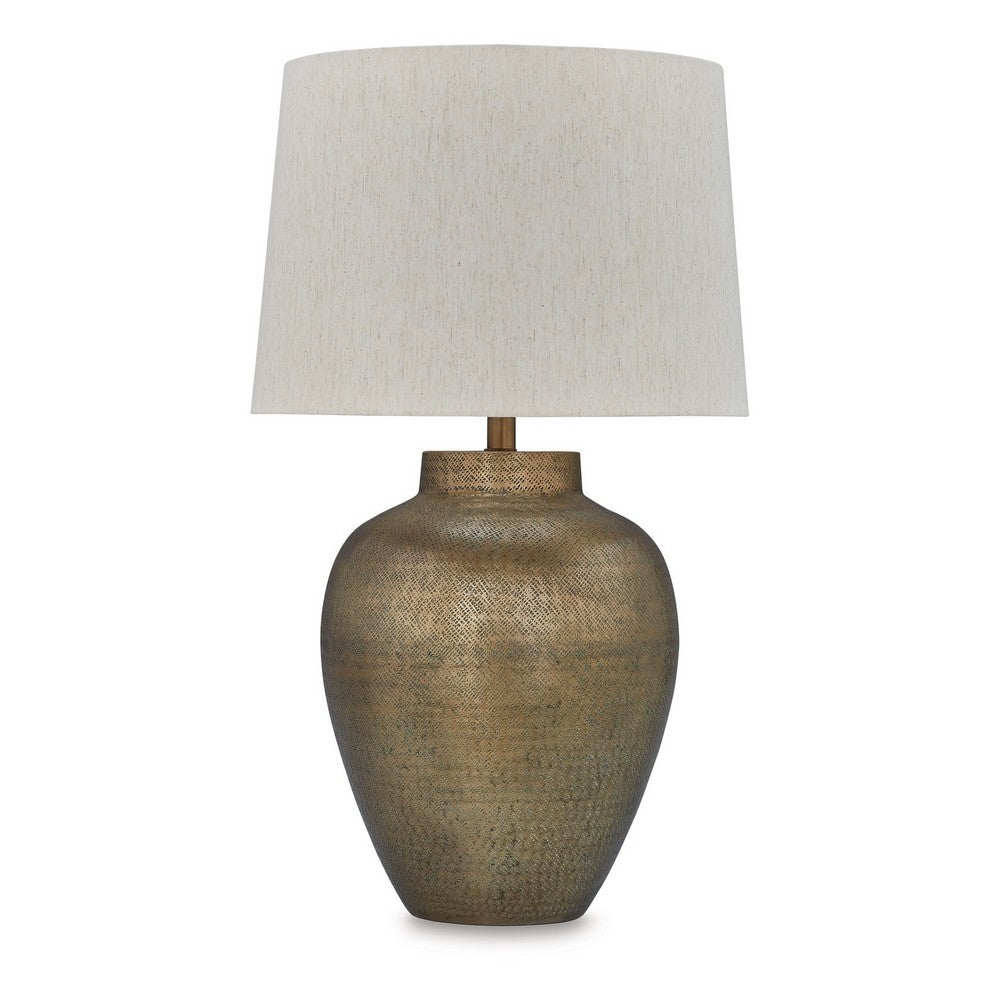 Table Lamp, Metal Hammered Pot Base, White Fabric Drum Shade 29 Inch