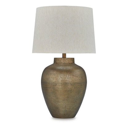 Table Lamp, Metal Hammered Pot Base, White Fabric Drum Shade 29 Inch