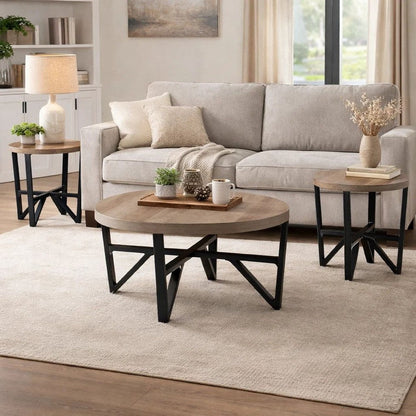 Hya 3pc Coffee and End Table Set, Brown Wood Round Top, Black Angular