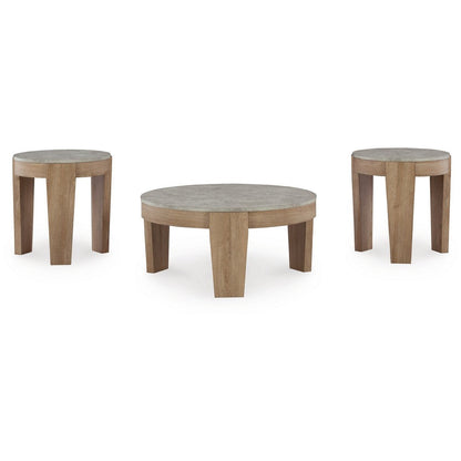 Hena 3pc Coffee and End Table Set, Round Gray Faux Cement, Brown Wood