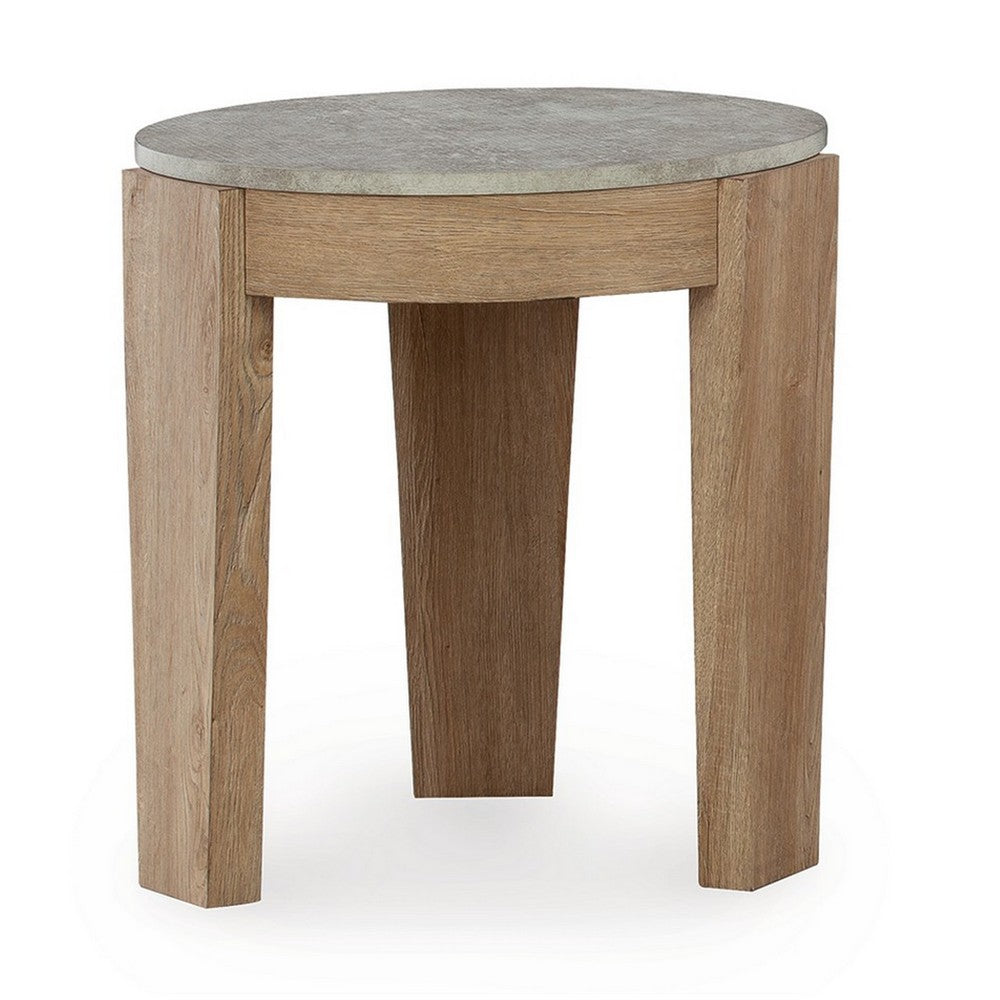 Hena 3pc Coffee and End Table Set, Round Gray Faux Cement, Brown Wood