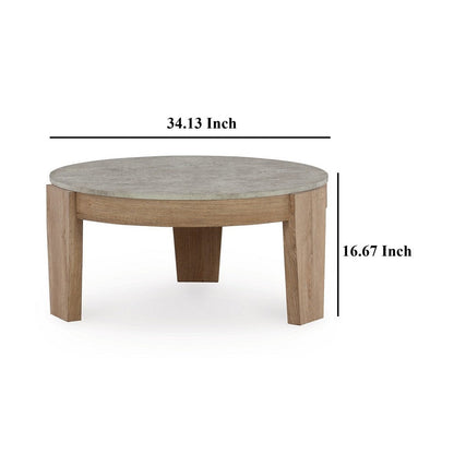 Hena 3pc Coffee and End Table Set, Round Gray Faux Cement, Brown Wood