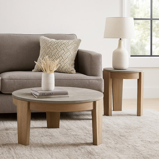 Hena 3pc Coffee and End Table Set, Round Gray Faux Cement, Brown Wood