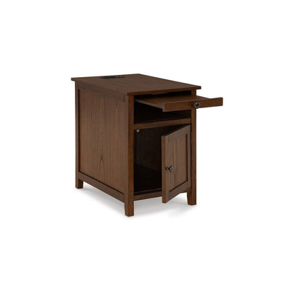 Gena Side End Table, Shelf and Pull Out Tray, Brown Solid Wood 24 Inch