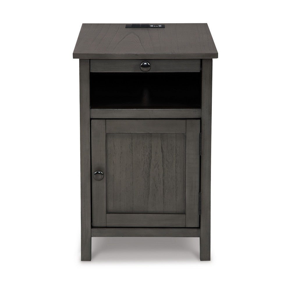 Gena Side End Table, Shelf and Pull Out Tray, Gray Solid Wood 24 Inch