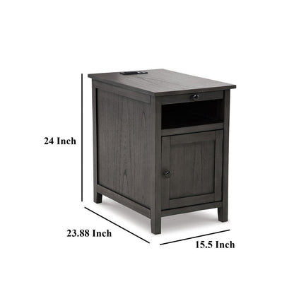 Gena Side End Table, Shelf and Pull Out Tray, Gray Solid Wood 24 Inch