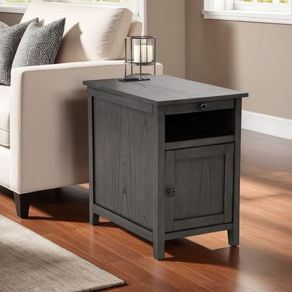 Gena Side End Table, Shelf and Pull Out Tray, Gray Solid Wood 24 Inch
