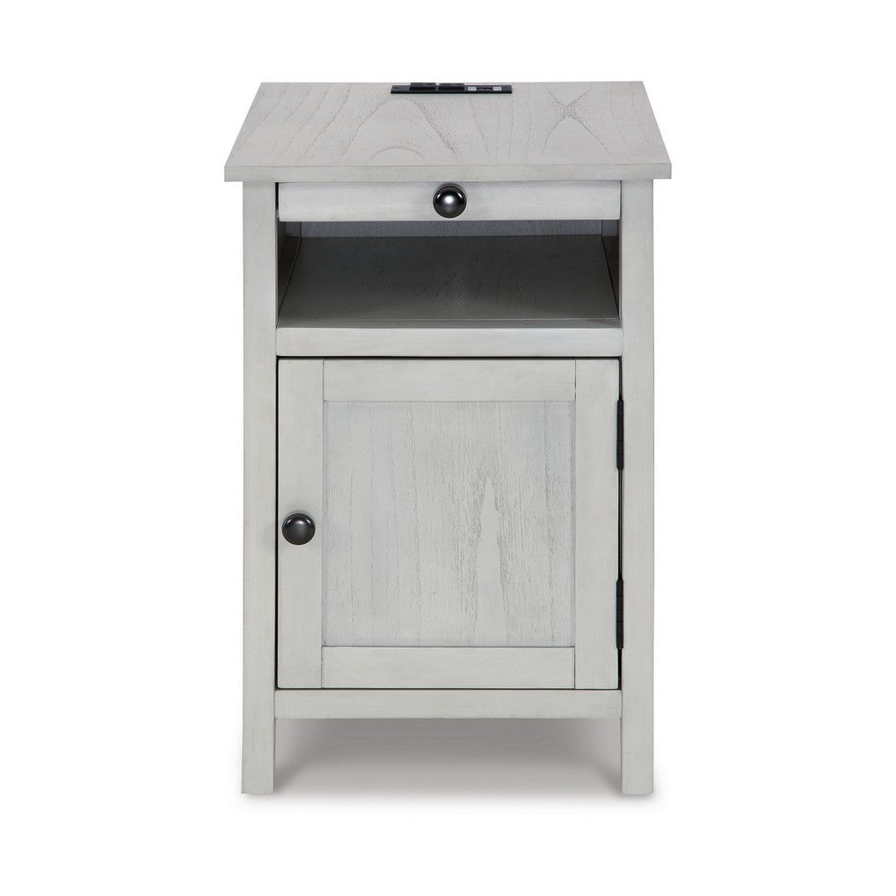 Gena Side End Table, Shelf and Pull Out Tray, White Solid Wood 24 Inch