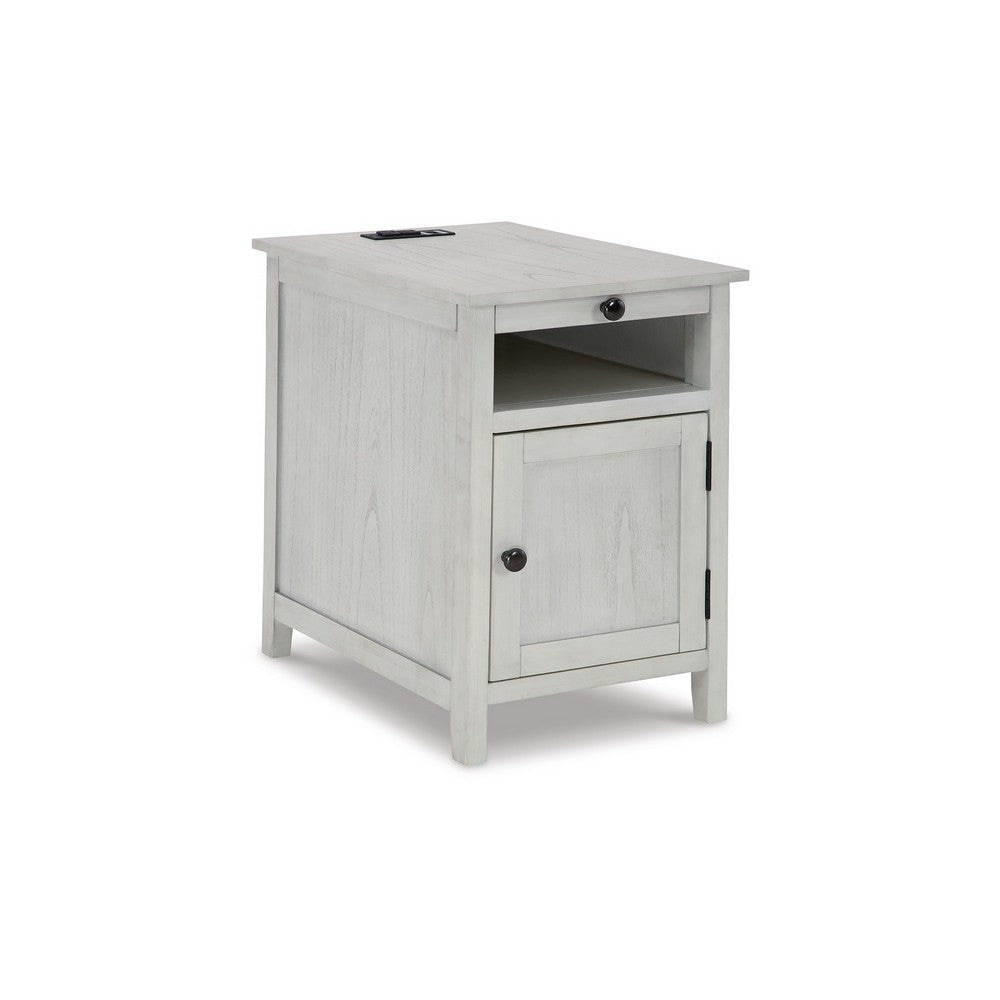 Gena Side End Table, Shelf and Pull Out Tray, White Solid Wood 24 Inch