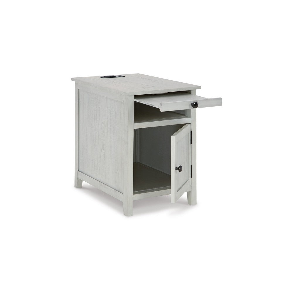 Gena Side End Table, Shelf and Pull Out Tray, White Solid Wood 24 Inch