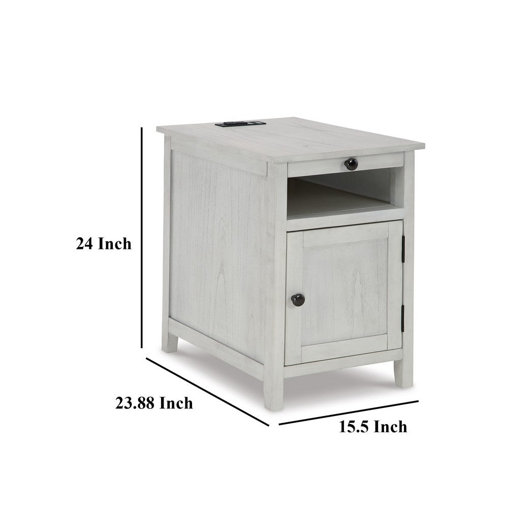 Gena Side End Table, Shelf and Pull Out Tray, White Solid Wood 24 Inch