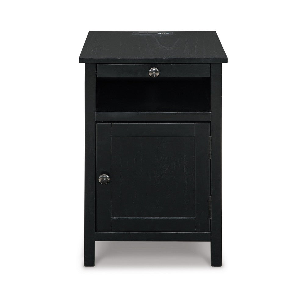 Gena Side End Table, Shelf and Pull Out Tray, Black Solid Wood 24 Inch