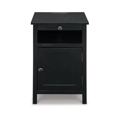Gena Side End Table, Shelf and Pull Out Tray, Black Solid Wood 24 Inch