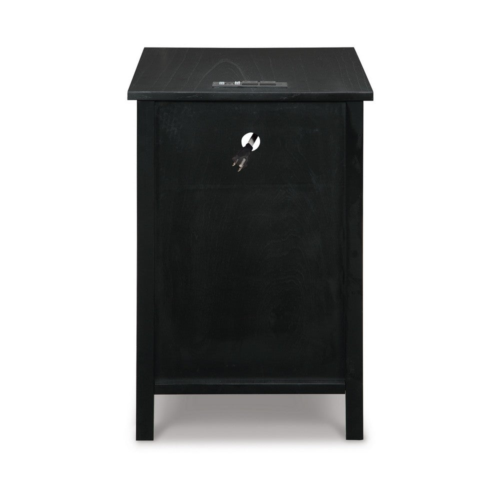 Gena Side End Table, Shelf and Pull Out Tray, Black Solid Wood 24 Inch