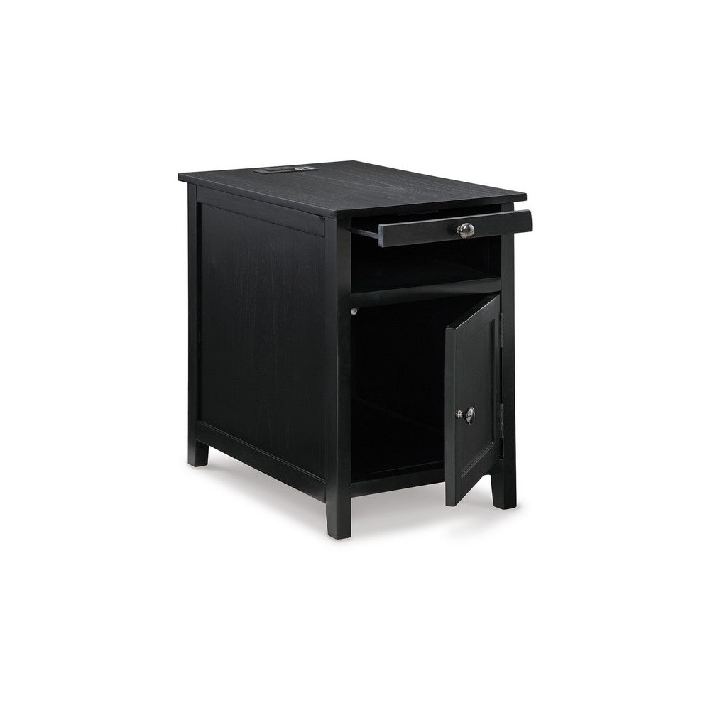 Gena Side End Table, Shelf and Pull Out Tray, Black Solid Wood 24 Inch