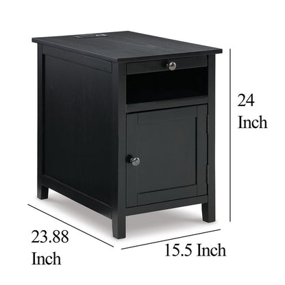 Gena Side End Table, Shelf and Pull Out Tray, Black Solid Wood 24 Inch