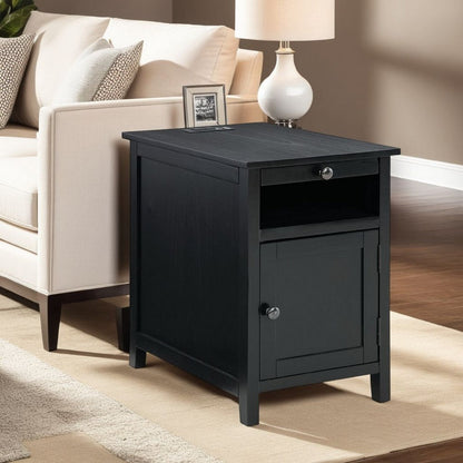 Gena Side End Table, Shelf and Pull Out Tray, Black Solid Wood 24 Inch
