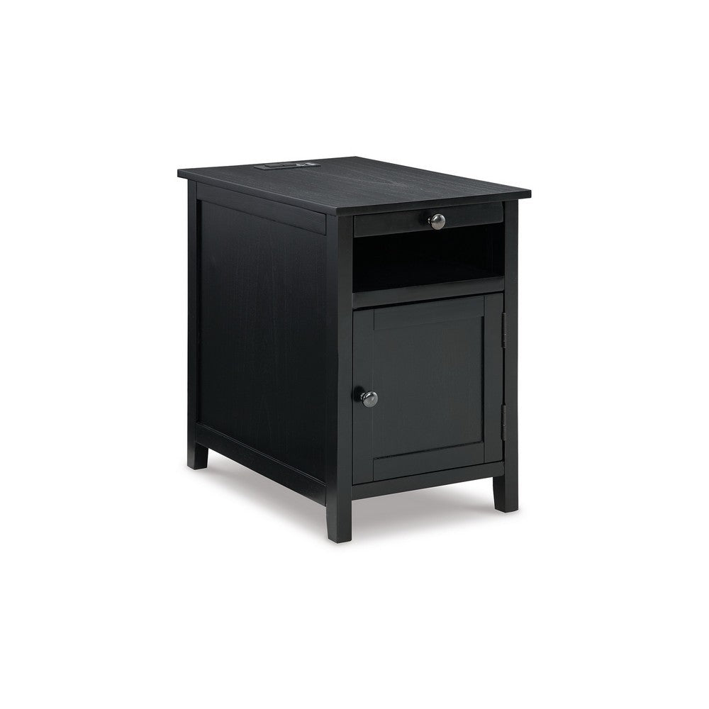 Gena Side End Table, Shelf and Pull Out Tray, Black Solid Wood 24 Inch