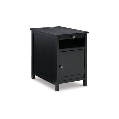 Gena Side End Table, Shelf and Pull Out Tray, Black Solid Wood 24 Inch